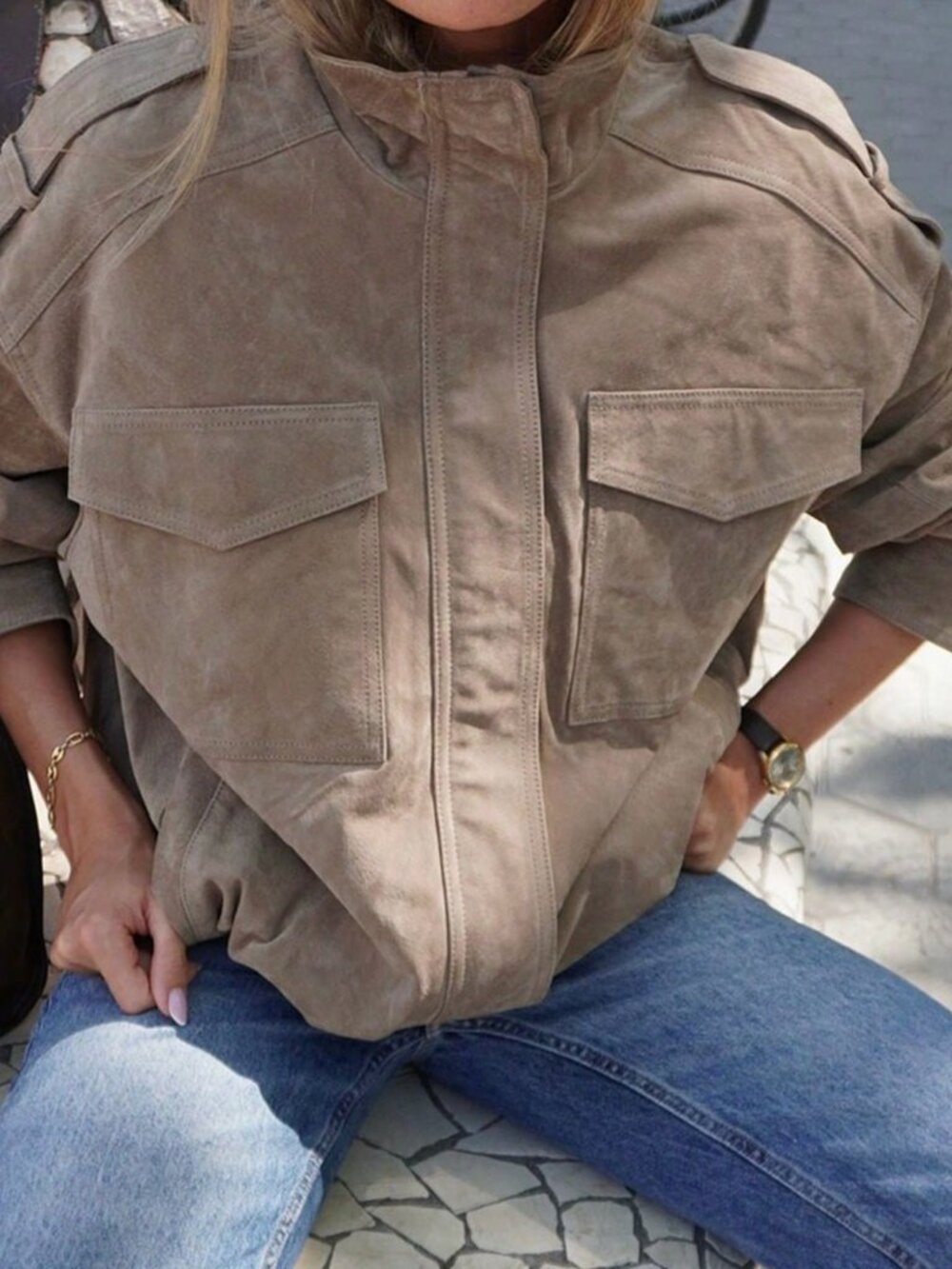 Khaki Casual Women's Contemporary Faux Suede Jacket - Picture 2 of 6